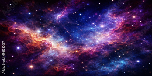 A deep blue abstract nebula glows within a dark starry universe, featuring a bright galaxy illustration and a shimmering starfield across the vast outer cosmos