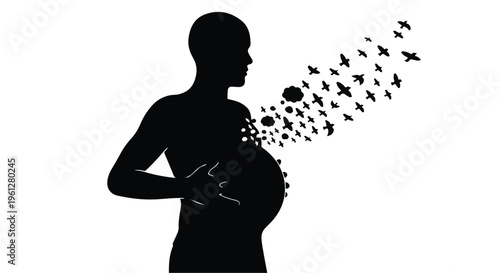 pregnant woman silhouette with birds flying out
