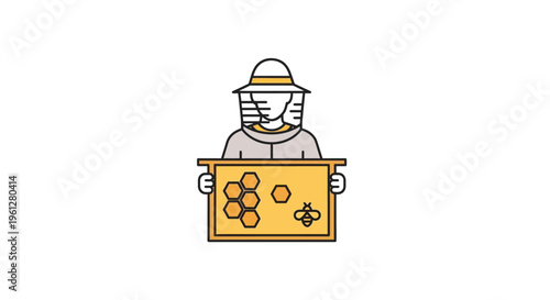 Beekeeper wearing protective gear holds hive.