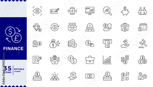 Finance line icons set. Money, finance, payments elements ,Currency, money, bank, cryptocurrency, check, wallet, piggy,stock vector.