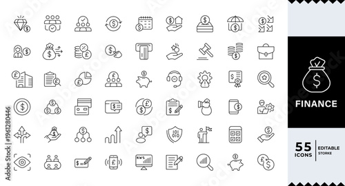 Finance line icons set. Money, finance, payments elements ,Currency, money, bank, cryptocurrency, check, wallet, piggy,stock vector.