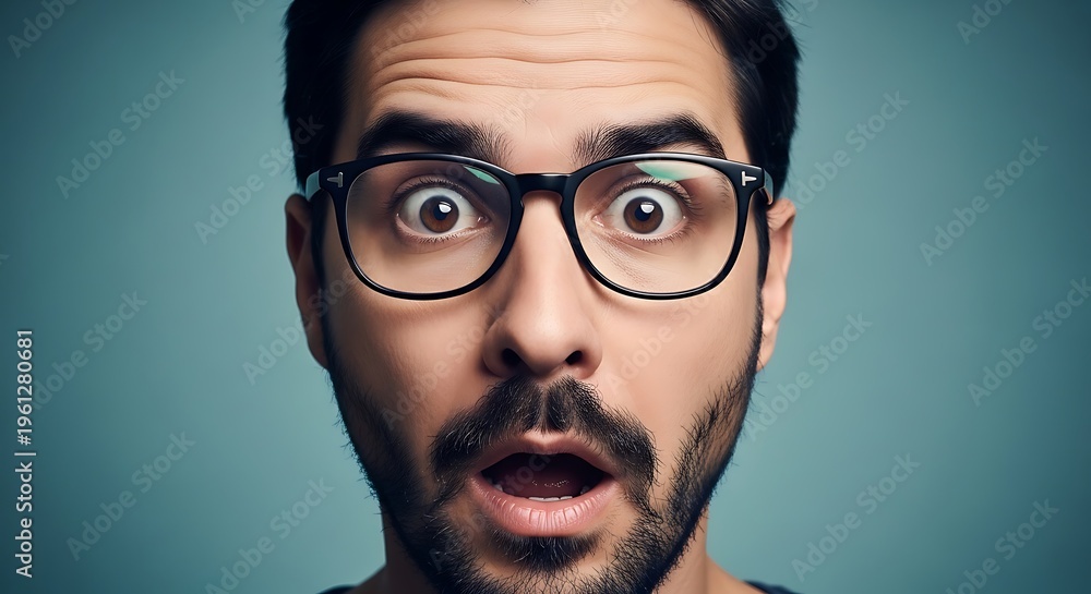 Obraz premium Close-up of a surprised man with glasses, wide eyes and open mouth, on a teal background