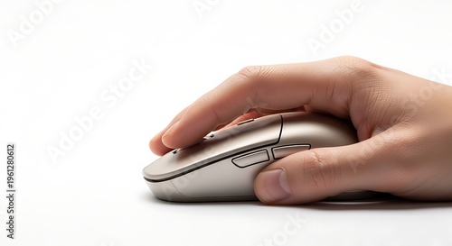 Human hand holding and clicking a computer mouse button on white background