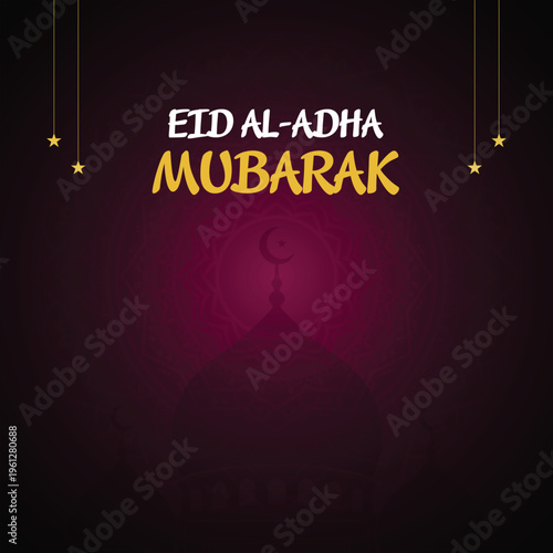 Minimalist Eid al Adha Mubarak celebration background with glowing crescent moon and star on dark magenta gradient backdrop