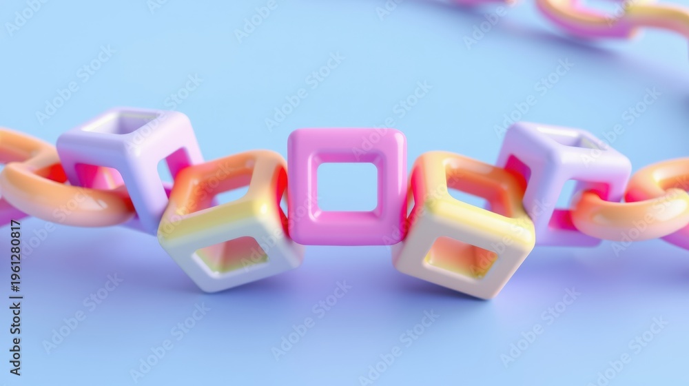Fototapeta premium Pastel cubes linked forming chain. Soft colors, smooth surfaces, minimalist design. Light reflects, creating gentle shadows.