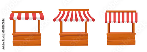 Market stall. Vegetable farm shop. Vector 3d icon set isolated on white background.