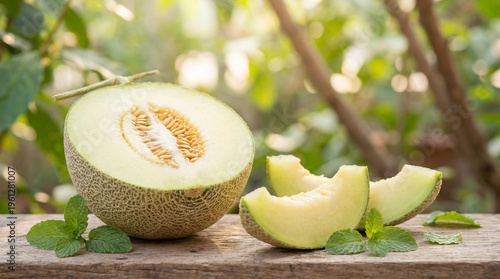 Refreshing cantaloupe melon, sliced and ready to eat, with fresh mint on a rustic wooden table
