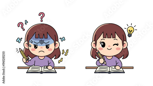 girl studying confusion vs understanding lightbulb moment vector illustration