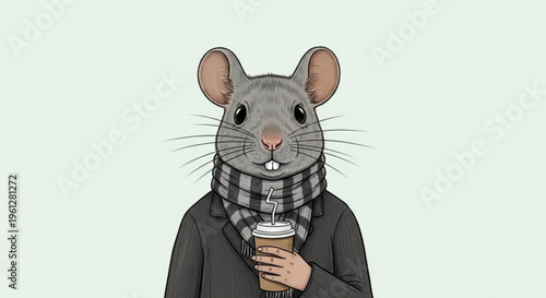Whiskered mouse in scarf holds coffee cup with straw on light background