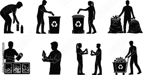 A silhouette vector collection of recycling activities in a tidy grid, showing people sorting waste, collecting bottles, and using bins isolated on white background.