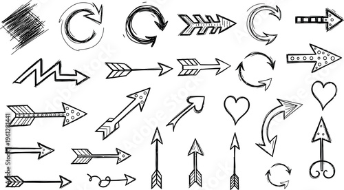 A collection of 25 unique hand drawn arrow and heart symbols in various styles and designs for creative projects