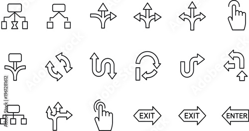A collection of 18 unique black and white arrow icons on a white background for navigation and direction