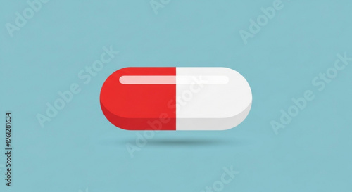 Red and white capsule pill on blue background medical symbol health concept pharmaceutical illustration