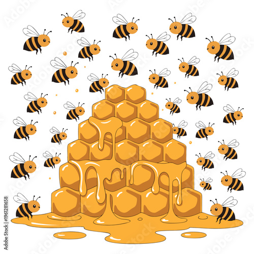 A vibrant illustration of a beehive with a swarm of busy bees flying around it collecting nectar and pollen