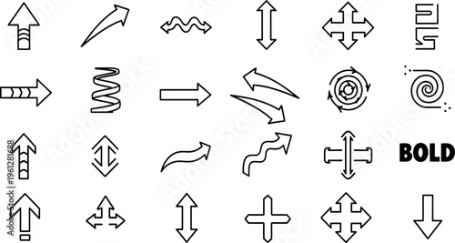 Collection of various arrows and directional symbols in black and white