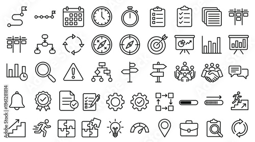 Set of 50 Business Workflow and Strategy Line Icons Vector