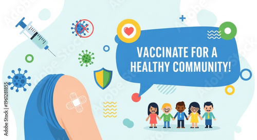 Vaccination awareness illustration promotes community health with cartoon people and medical symbols