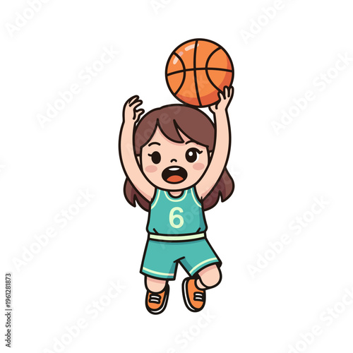 young girl playing basketball excitedly in colorful flat design vector illustration