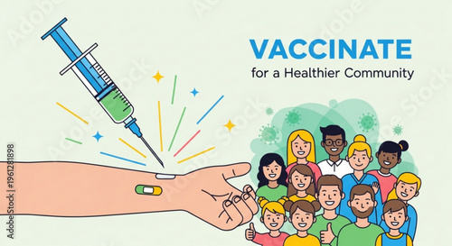 Diverse community promoting health with vaccination concept and colorful illustration of a syringe