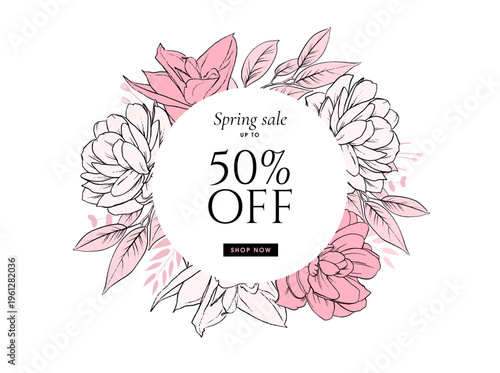 Wallpaper Mural Floral spring design with white roses and peony flowers, green leaves and plants. Round shape with space for text. Banner or flyer sale template, vector illustration. Torontodigital.ca