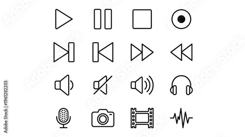 Set of 16 Minimal Black Line Media Player Control Icons Vector