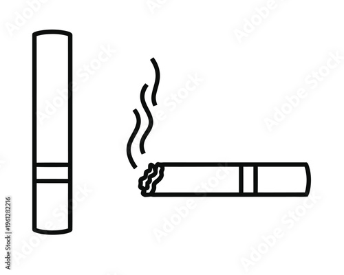 Cigarette Icon Set – Smoking Stick Outline and Burning Tobacco Symbol