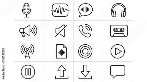 Set of 16 Outline Audio and Communication Vector Icons