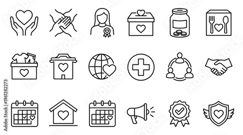 Set of 20 Charity Donation and Volunteer Outline Icons Vector