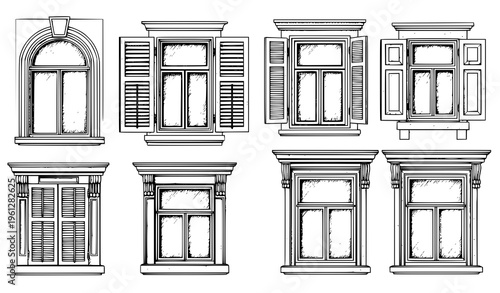 Classic Window Set Black and White Vintage Architectural Sketch Vector