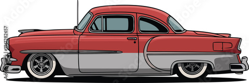 A vibrant red and grey vintage car illustration with classic styling details