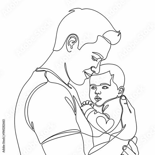 A continuous line drawing of a man tenderly holding and kissing a baby tender moment father and chil