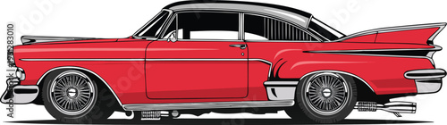 A vibrant red vintage car with large tailfins and chrome detailing shown in profile