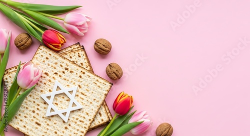 Passover celebration with matzo bread and tulips on pink background