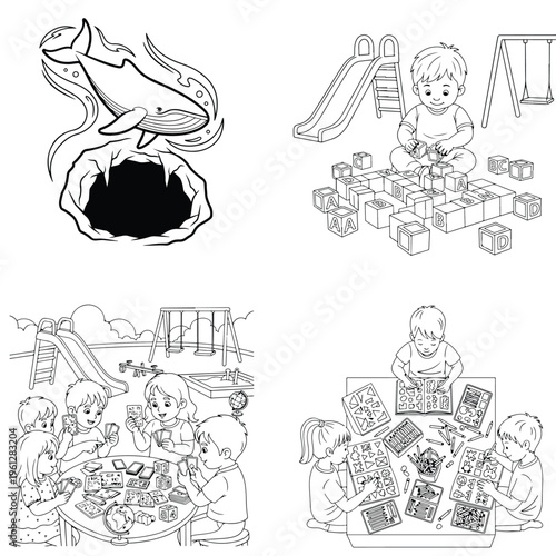 Cosmic swirl, ringed planet with ray gun, and train station for kids coloring, black and white