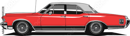 A vibrant red classic sedan with chrome accents viewed from the side profile