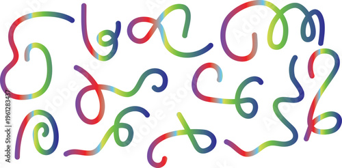 Rainbow Gradient Wavy Lines Collection, Colorful Abstract Squiggle Shapes Set, Decorative Curved Line Elements for Modern Design