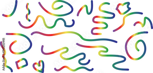 Colorful Curved Squiggle Lines Set, Rainbow Gradient Abstract Doodle Curves Collection, Decorative Wavy Line Elements Isolated on White Background