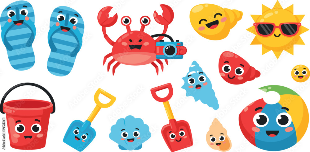 Obraz premium Cute Summer Vacation Elements Set with Toys, Crab, and Beach Accessories