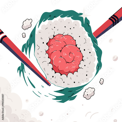 Sushi Roll with Chopsticks Flat Vector Food Illustration