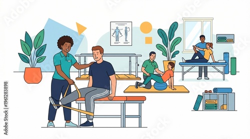 Physical therapy clinic interior with patients and therapists, medical rehabilitation center illustration, physiotherapy exercise and recovery scene