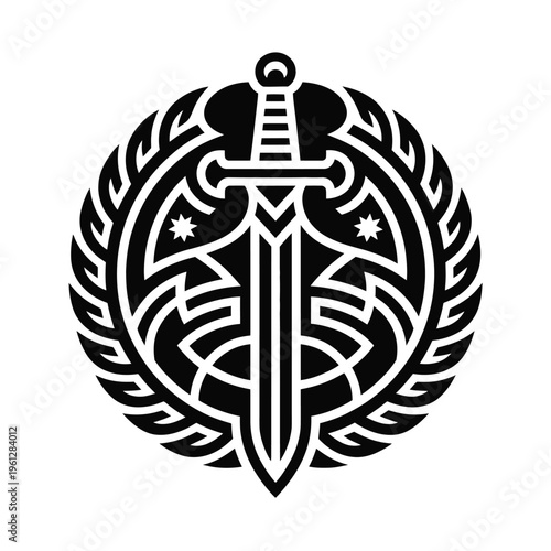 solid style icon of ancient sword symbol, bold medieval weapon emblem in flat design, historical blade motif for logo branding game illustration and fantasy artwork projects.
