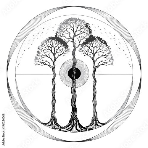 Yin Yang Tree Balance Concept Circular Nature Harmony Illustration