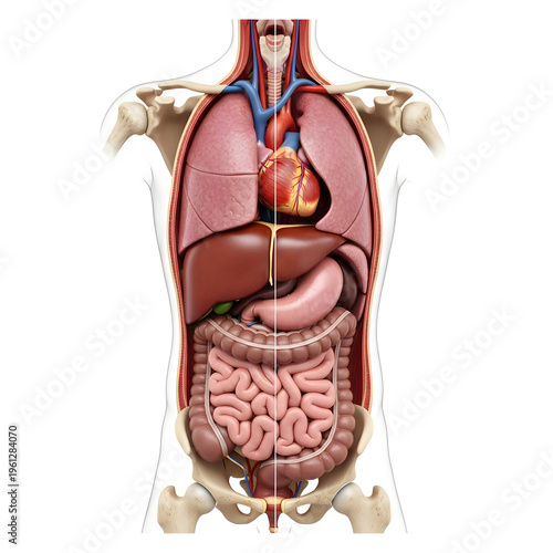 Anatomical illustration of the human torso showing internal organs