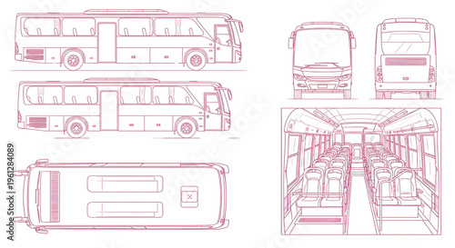 Tourism Bus Blueprint Vector – Passenger Transport Interior Seating Layout Multiview Technical Drawing Pink Outline
