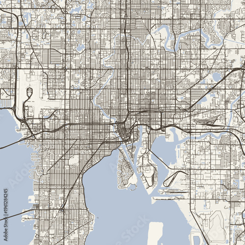 Tampa City Map Sophisticated Geometric Urban Topography Featuring Meticulous Linework and Balanced Composition in a Timeless Minimalist Scandinavian Blueprint Aesthetic for Coastal Interiors.