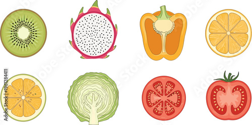 Fresh Fruits and Vegetables Slices Set Featuring Kiwi, Dragon Fruit, Orange, Bell Pepper, Cabbage, and Tomato