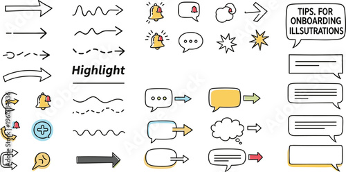 Hand-Drawn Doodles Featuring Arrows, Speech Bubbles, Alerts, and Onboarding Tips for Illustrations