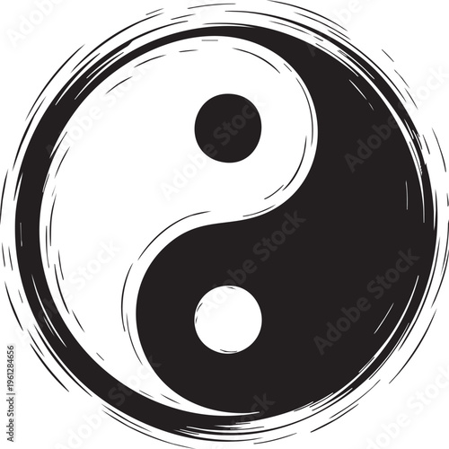 A black and white yin yang symbol with expressive brush strokes, representing harmony and balance, on a subtle gray background.