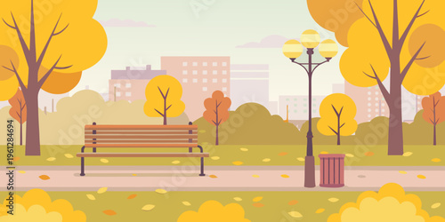 A peaceful autumn park scene with a bench and city buildings