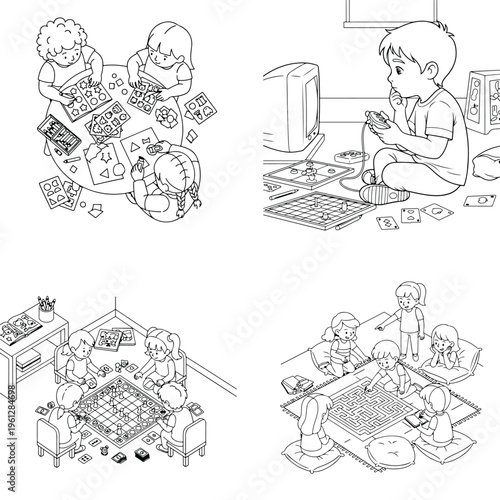 Cute ufo flying saucer with stars and clouds with black and white with line art with sci fi